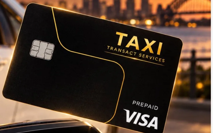 A black Taxi Transact Services prepaid Visa card held up against Sydney Harbour and the Harbour Bridge at sunset.